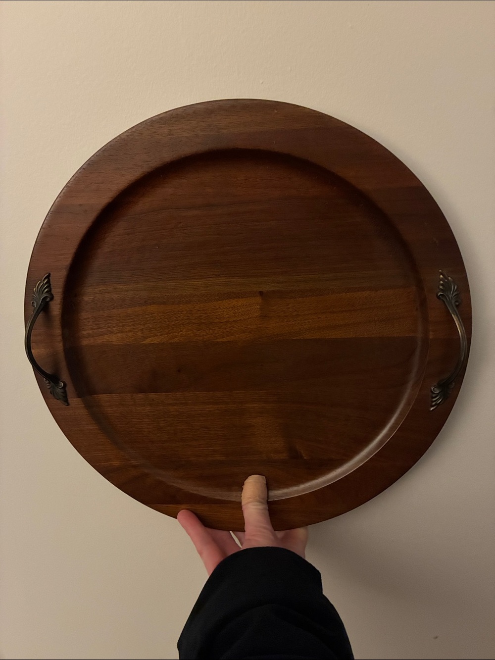 Ozark Native Wood Prod Walnutware Solid Walnut Round Wood Serving Tray w/Handles - Picture 2 of 13